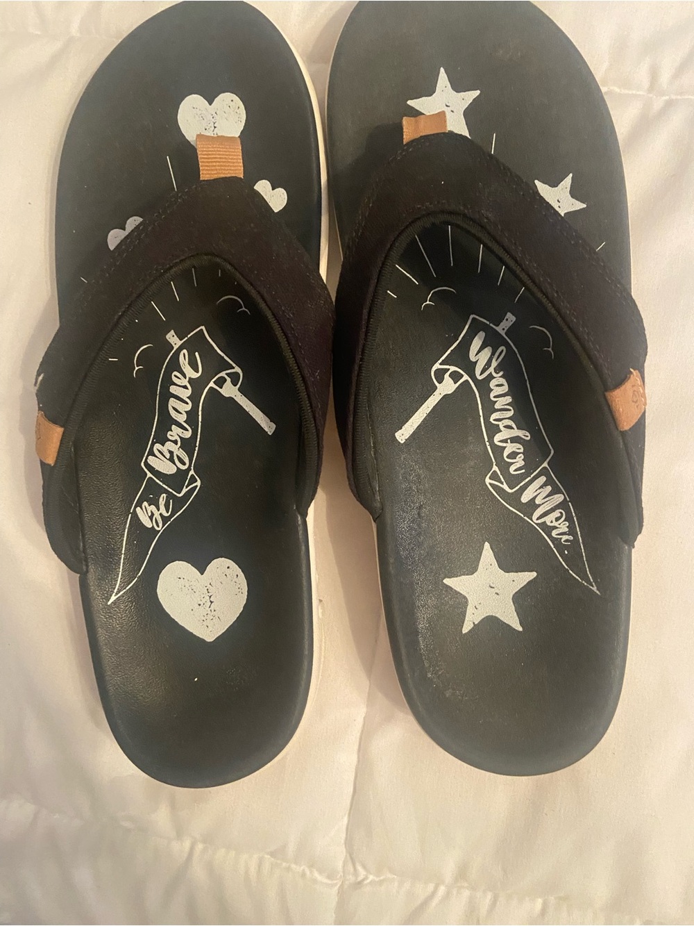 Womens Black Flip Flop Sandals with White Star & Heart Graphics